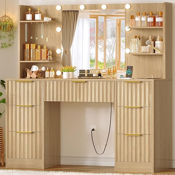 Vanity Desk with LED Mirror, Drawers & Charging Station