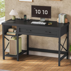 SEDETA Farmhouse Small Desk with Drawers, 40" Computer Desk with Storage Shelves, Writing Desk for Small Space and Power Outlet, Desk for Bedroom, Home Office, Mahogany Grey