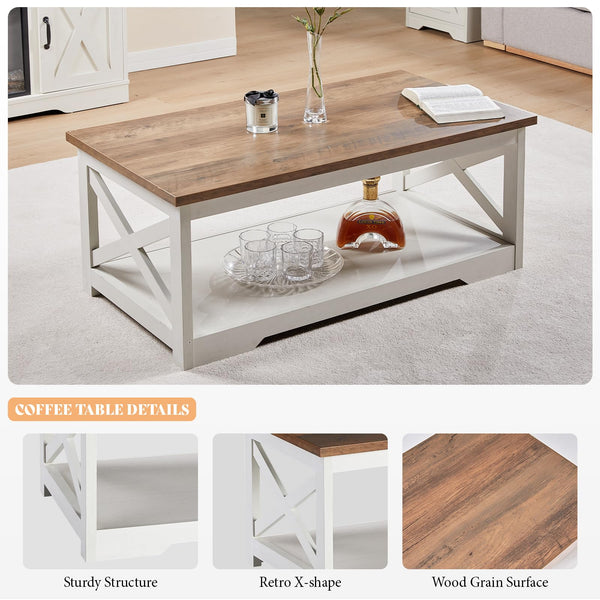 5-Piece Farmhouse Living Room Table Set with Electric Fireplace
