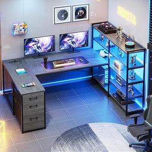 L-Shaped Gaming Desk with Power Outlet, LED Lights & Storage Shelves