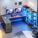 Corner Computer Desk with Power Outlet, LED Lights & Storage Shelves