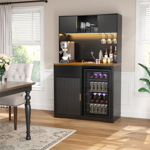 72" Tall Bar Cabinet with Fridge Space, Fluted Hutch, LED Light & Power Outlet