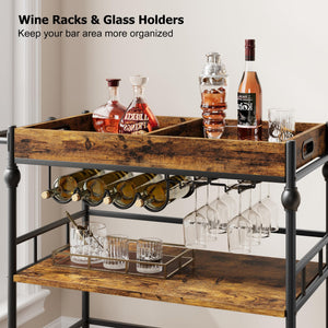 3-Tier Rolling Bar Cart with Removable Tray & Wine Rack