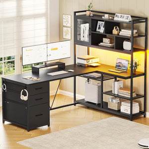 L-Shaped Computer Desk with Bookshelf, Drawers & LED Light