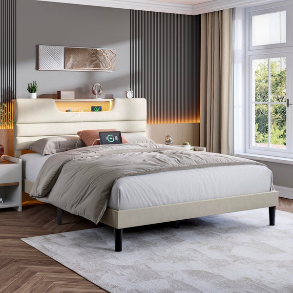 Queen Platform Bed with LED Lights & Charging Station