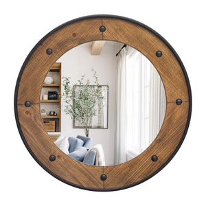 Round Wood Wall Mirror with Black Metal Frame