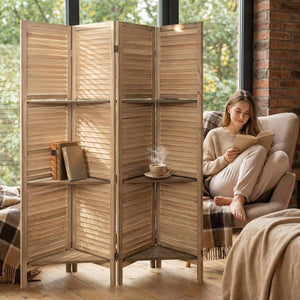 4-Panel Folding Room Divider with Shelves