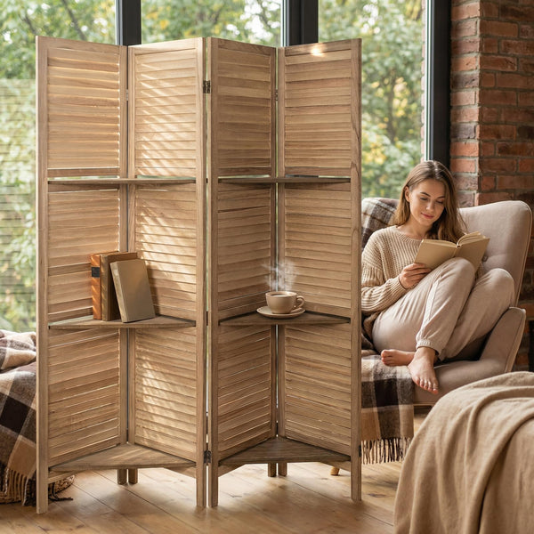 4-Panel Folding Room Divider with Shelves