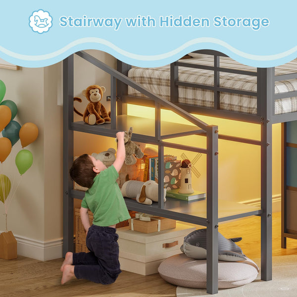Kids Low Loft Bed with Storage Drawers and LED Lights