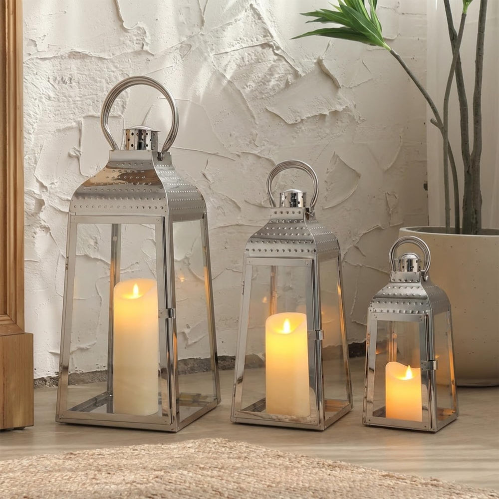 Silver Candle Lanterns Set of 3 – Stainless Steel & Tempered Glass