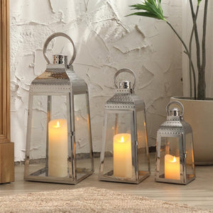 Silver Candle Lanterns Set of 3 – Stainless Steel & Tempered Glass