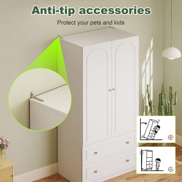 Wooden Armoire Wardrobe Closet – 2 Doors, 2 Drawers, White