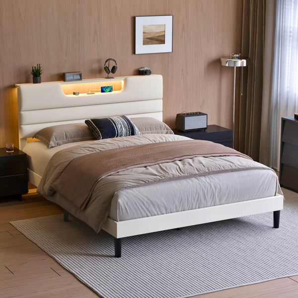 Queen Platform Bed with LED Lights & Charging Station