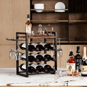 Countertop Wine Rack with Glass Holder and Wooden Tray