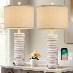 Farmhouse Table Lamps Set of 2 with USB Ports – Rustic Bedside & Living Room Lighting