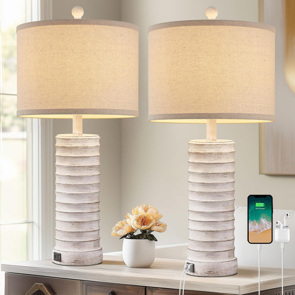 Farmhouse Table Lamps Set of 2 with USB Ports – Rustic Bedside & Living Room Lighting