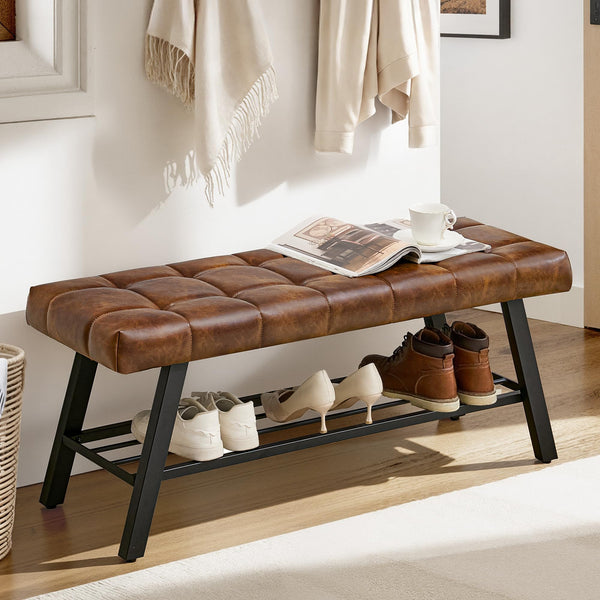 45" Tufted Faux Leather Storage Bench with Metal Frame