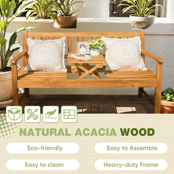 2-Person Acacia Wood Outdoor Bench with Foldable Table
