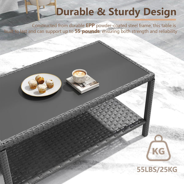 Outdoor Wicker Coffee Table with Glass Top