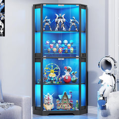Corner Display Cabinet with LED Lights, 4-Tier Glass Curio Cabinet with Human Sensor, 65"H