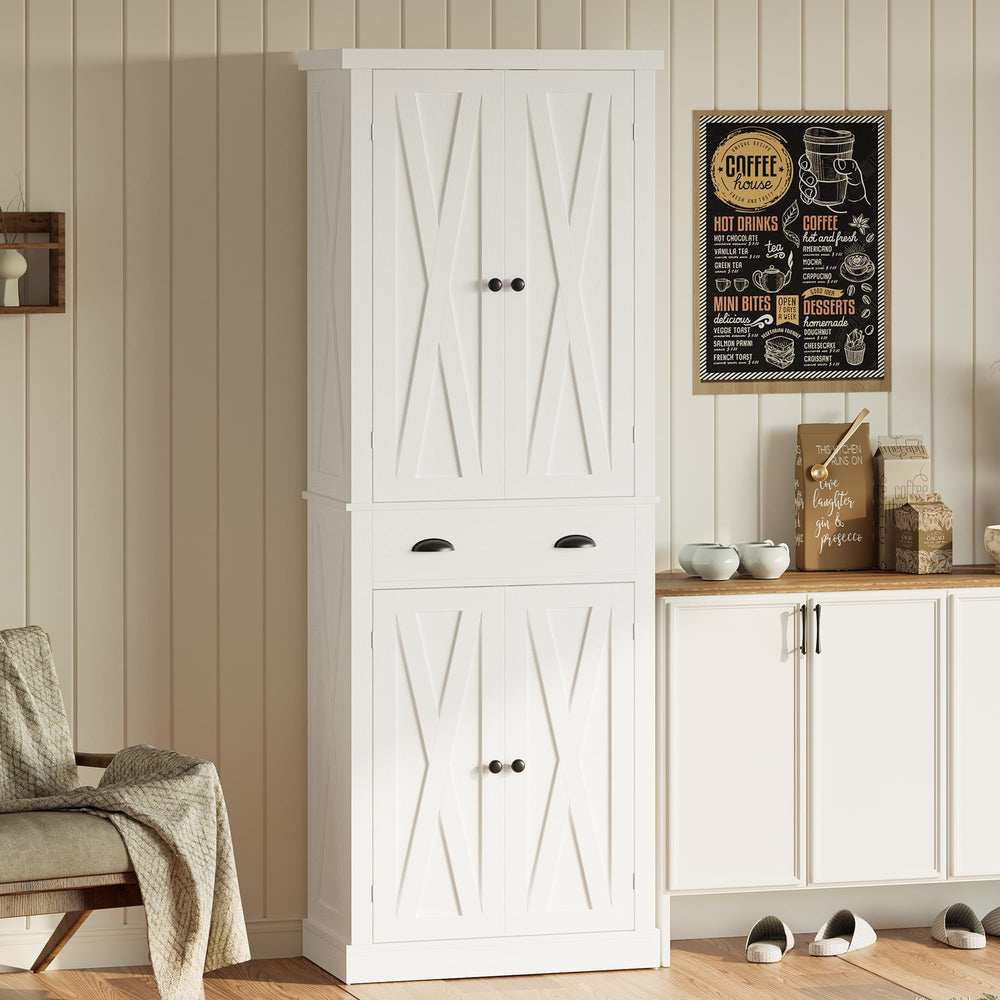 Kitchen Pantry Storage Cabinet with Barn Doors & Drawer — White, 72.6"H