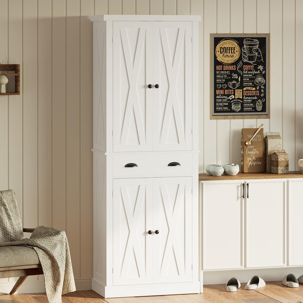 Kitchen Pantry Storage Cabinet with Barn Doors & Drawer — White, 72.6"H