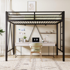 Twin Size Metal Loft Bed with Guardrail & Movable Ladder