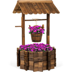 Rustic Wooden Wishing Well Planter with Hanging Bucket