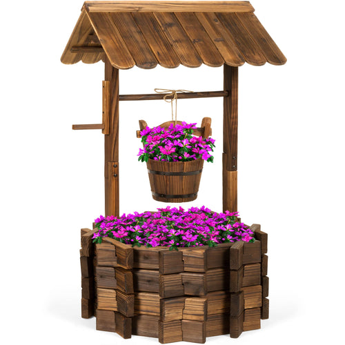 Rustic Wooden Wishing Well Planter with Hanging Bucket