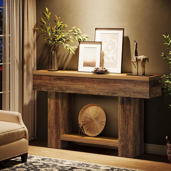 55-Inch Farmhouse Console Table with 2-Tier Storage