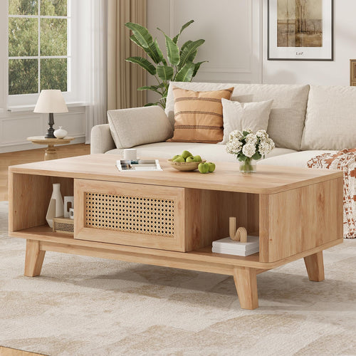 Mid-Century Coffee Table with Rattan Drawer