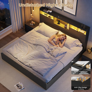 King Bed Frame with Storage Drawers, LED Lights & Charging Station