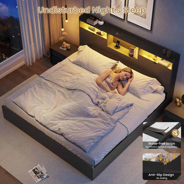 King Bed Frame with Storage Drawers, LED Lights & Charging Station