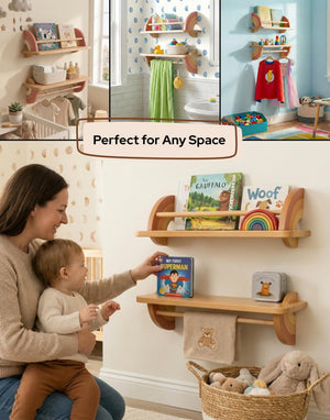 Solid Beechwood Kids Floating Wall Shelves Set of 2 with Hanging Bar