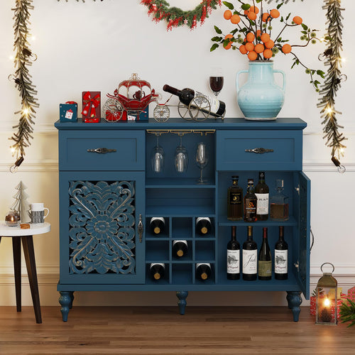 Vintage Wine Bar Cabinet with Carved Doors, Wine Racks & Glass Holder