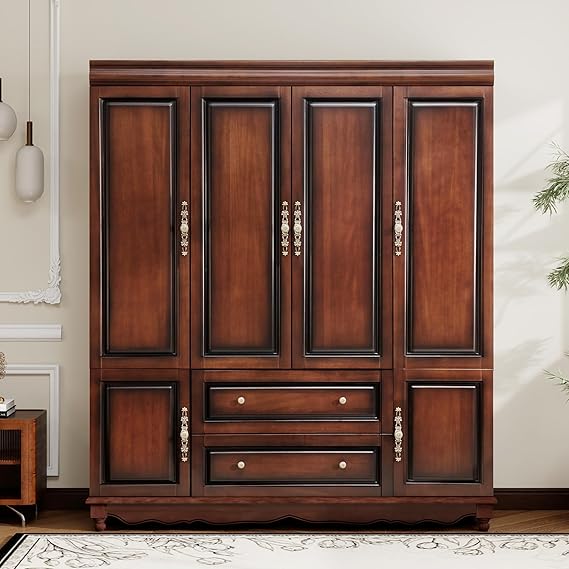 4-Door Solid Wood Armoire Wardrobe with Drawers & Hanging Rods