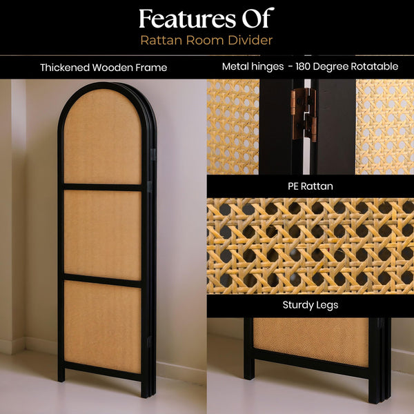 3-Panel Folding Room Divider | Wood & Rattan Privacy Screen