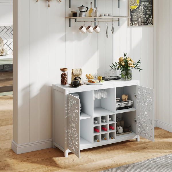 47" Wine Bar Cabinet with 2 Doors, Wine Rack, Glass Holder & Storage – White
