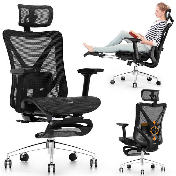 Ergonomic Mesh Office Chair with Footrest, Reclining Back & Adjustable Lumbar Support