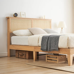 Rattan Platform Bed Frame with LED Lights & Storage