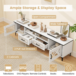 Tangkula Farmhouse TV Stand for TVs up to 80”, 71” Entertainment Center with 2 Drawers, 2 Cabinets & Compartment, with 7 Raised Metal Legs, Wood Media TV Console Table for Living Room (Antique White)