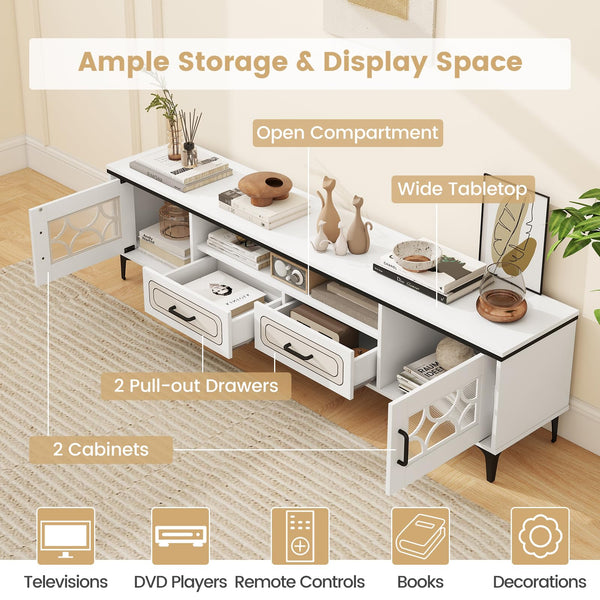 Tangkula Farmhouse TV Stand for TVs up to 80”, 71” Entertainment Center with 2 Drawers, 2 Cabinets & Compartment, with 7 Raised Metal Legs, Wood Media TV Console Table for Living Room (Antique White)
