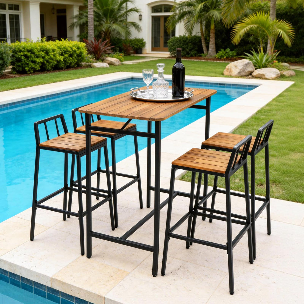 5-Piece Acacia Wood Outdoor Patio Bar Set with 4 Chairs