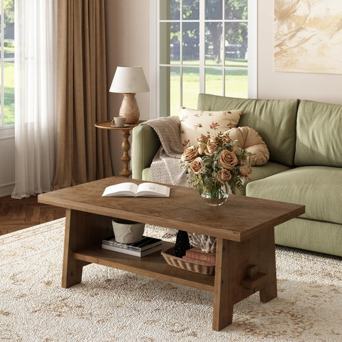 Farmhouse Wood Coffee Table with Storage Shelf