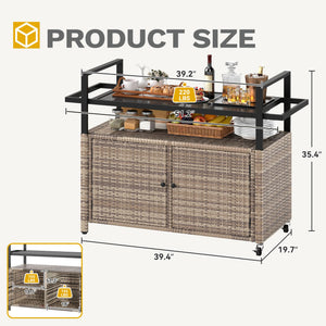 Outdoor Bar Cart with Storage Cabinet & Glass Top