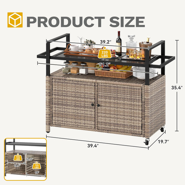 Outdoor Bar Cart with Storage Cabinet & Glass Top