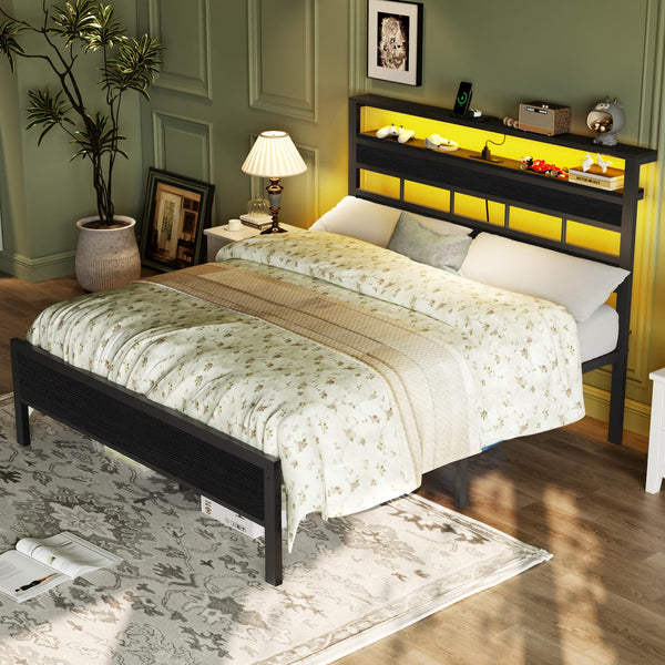 Full Size Bed Frame with LED Lights, Charging Station & Storage Headboard
