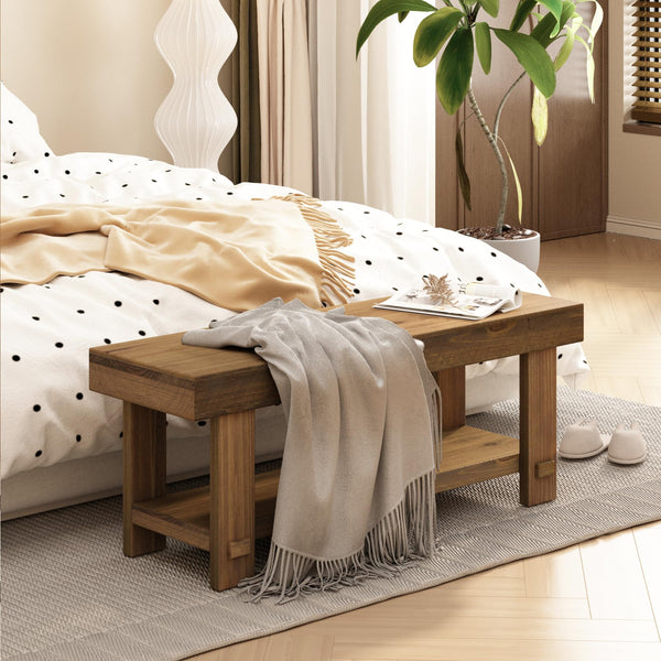Solid Wood Entryway Bench with Storage Shelf