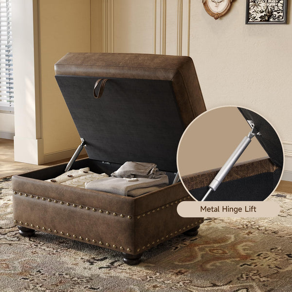 Brown Faux Leather Storage Ottoman with Nailhead Trim