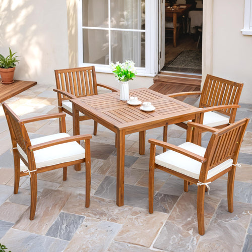 5-Piece Acacia Wood Outdoor Dining Set with Cushions